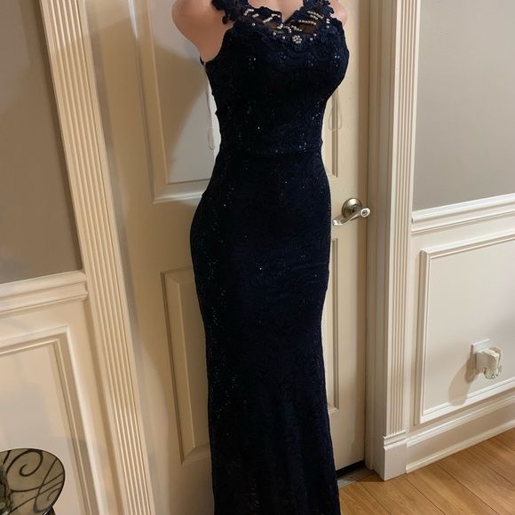 Women junior blue navy lace sequins halter bodycon mermaid maxi dress size (S) - Picture 7 of 13